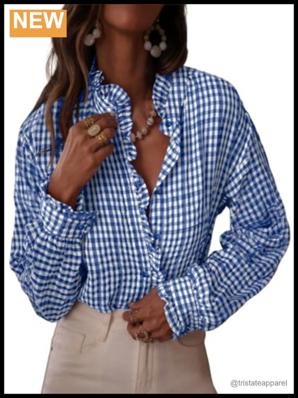 Plaid Ruffle V Neck Button Down Blouse Long Sleeve Gingham